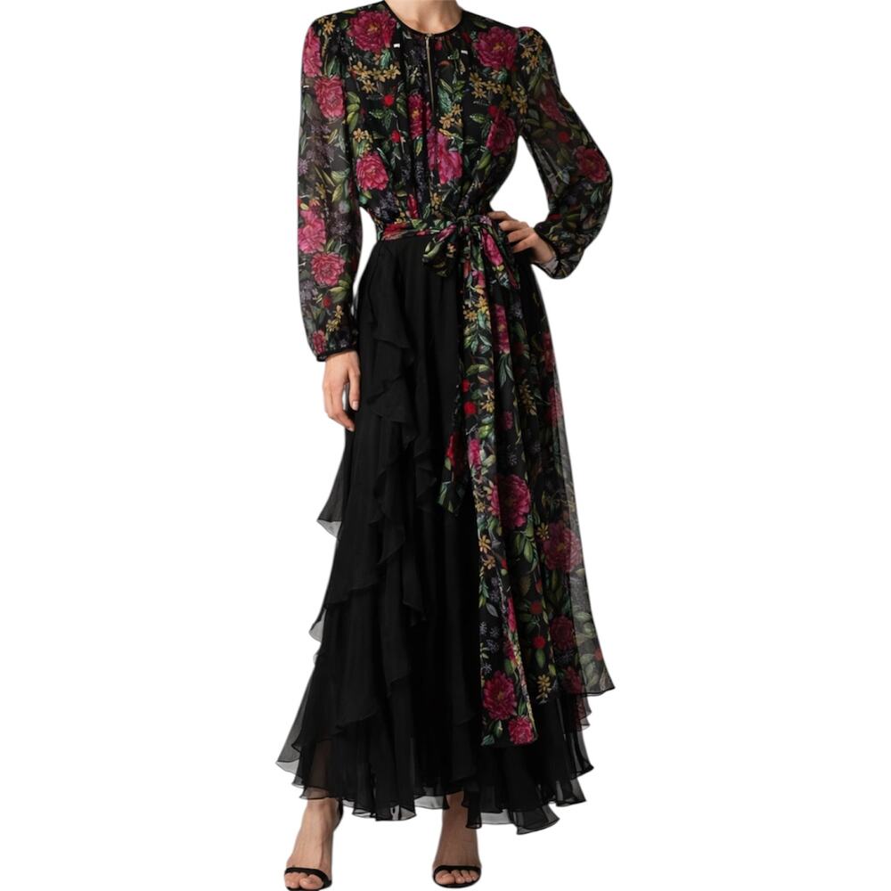 Vintage Diane Freis Floral Maxi Dress Tiered Tie Waist 100% Silk Pink Black L